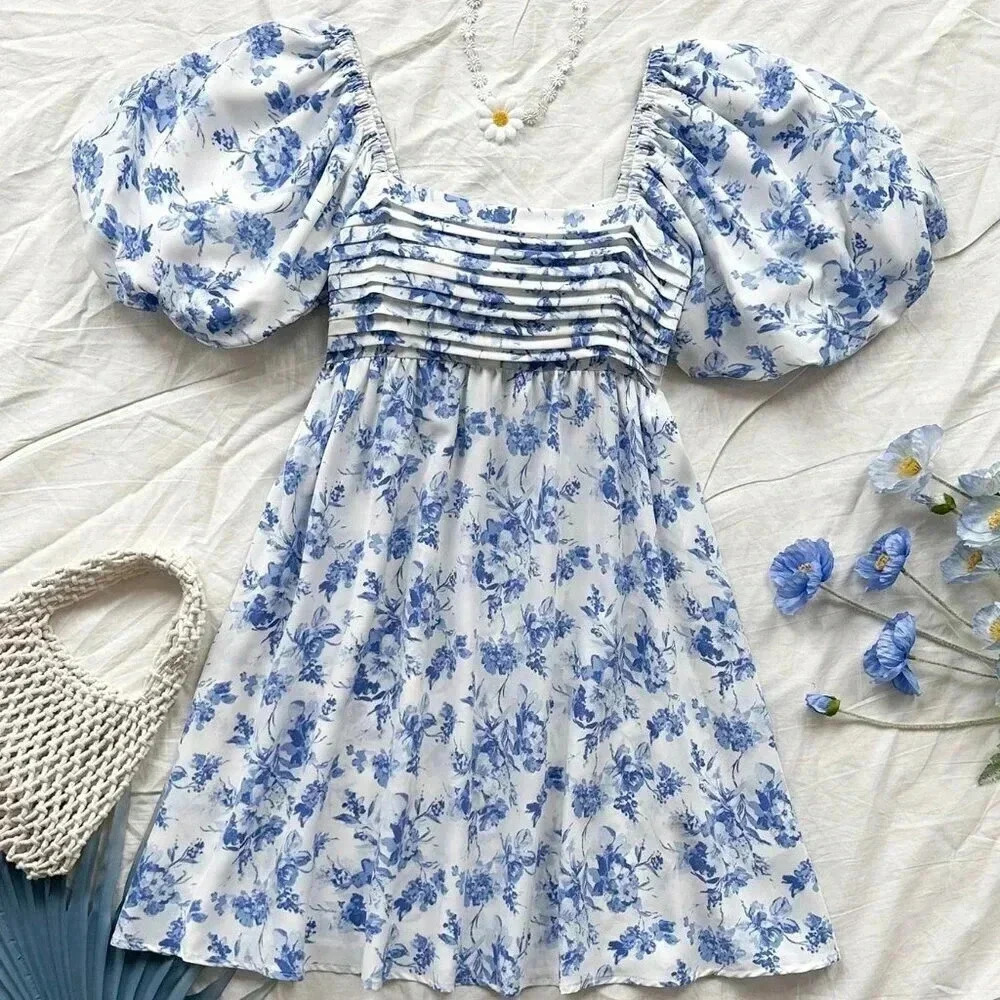 Blue and White Boho Women's Holiday U-Neck Bubble Sleeve A-Line Floral Dress
